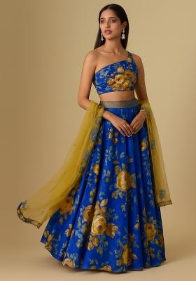 Blue Printed Crepe Lehenga Set