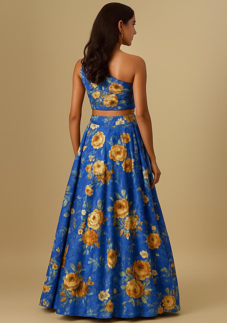Blue Printed Crepe Lehenga Set - Indya