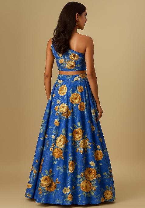 Blue Printed Crepe Lehenga Set