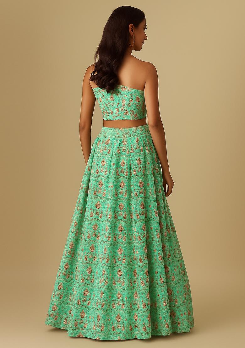 Green Printed Crepe Lehenga Set - Indya