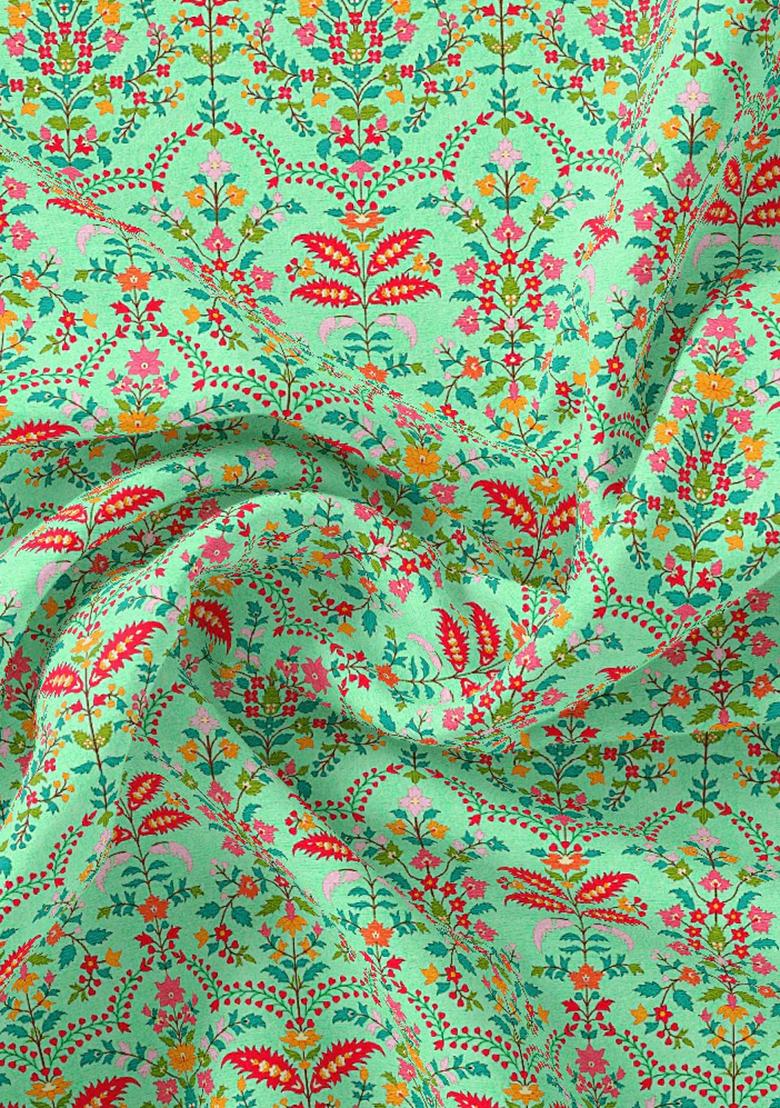 Green Printed Crepe Lehenga Set