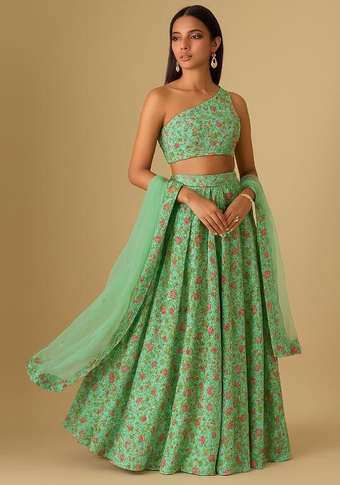 Green Printed Crepe Lehenga Set