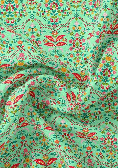 Green Printed Crepe Lehenga Set