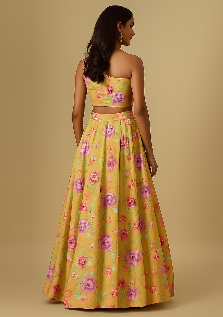 Yellow Printed Crepe Lehenga Set - Indya