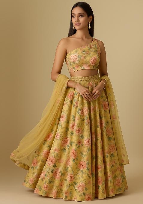 Yellow Printed Crepe Lehenga Set