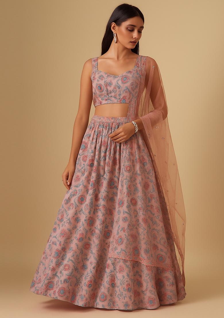 Purple Printed Crepe Lehenga Set