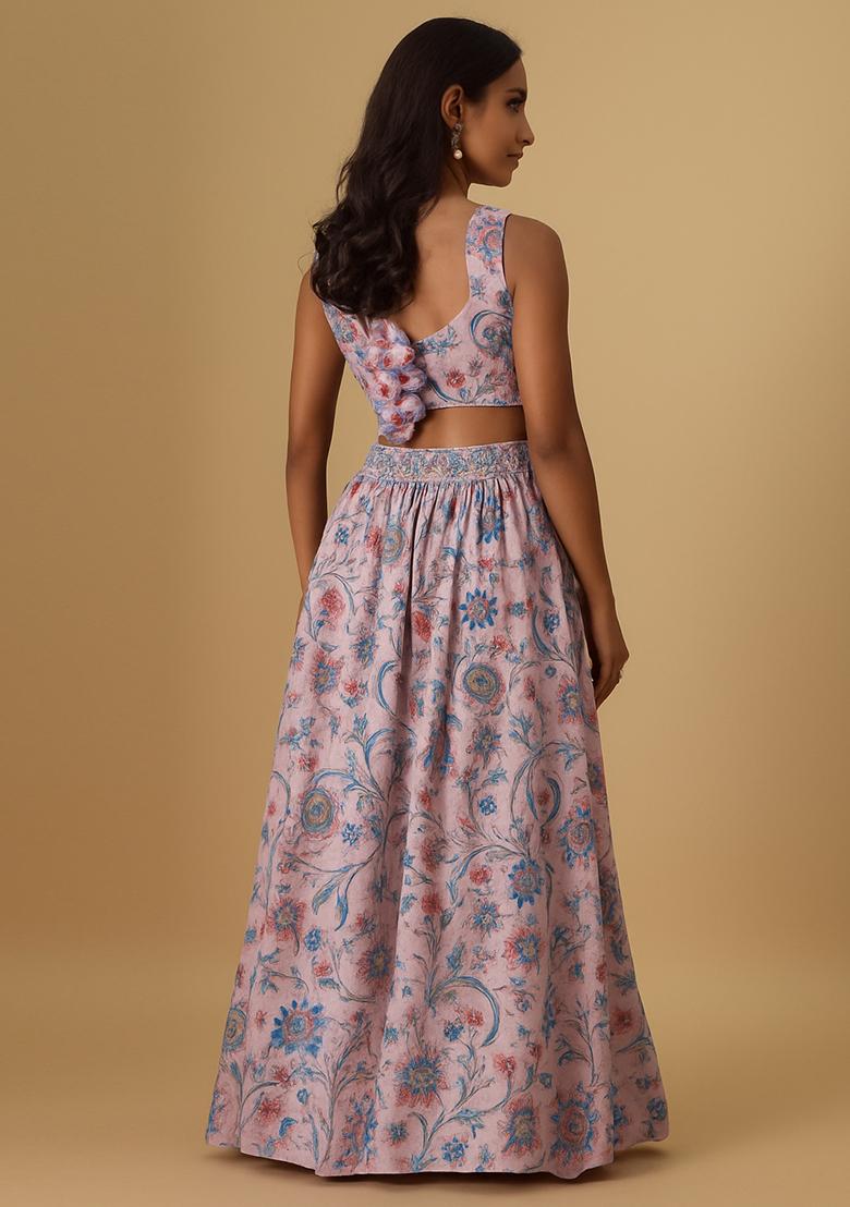 Purple Printed Crepe Lehenga Set - Indya