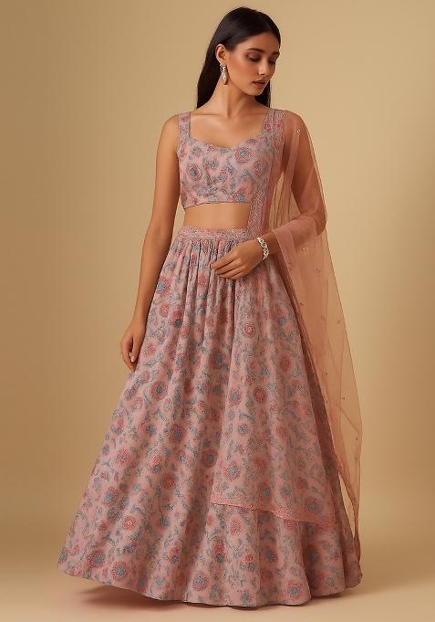 Purple Printed Crepe Lehenga Set