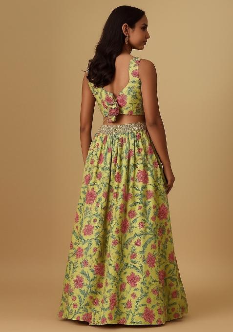 Yellow Printed Viscose Lehenga Set