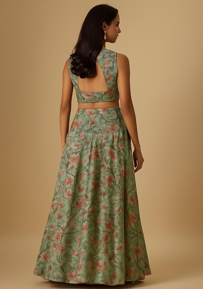 Green Printed Viscose Lehenga Set - Indya