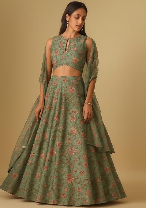 Green Printed Viscose Lehenga Set