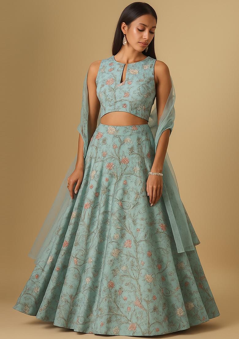 Blue Printed Viscose Lehenga Set - Indya