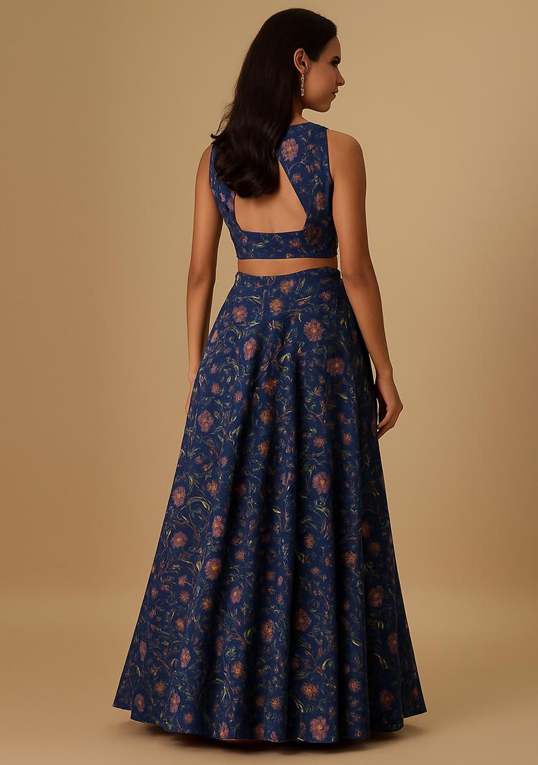 Blue Printed Viscose Lehenga Set - Indya