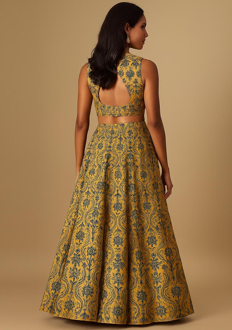 Yellow Printed Viscose Lehenga Set - Indya