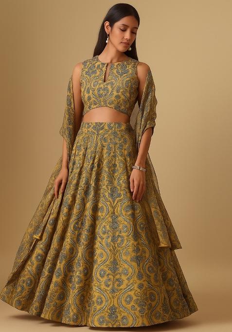 Yellow Printed Viscose Lehenga Set
