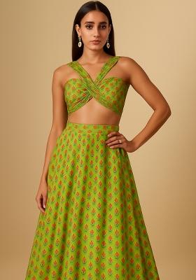 Green Printed Chanderi Lehenga Set