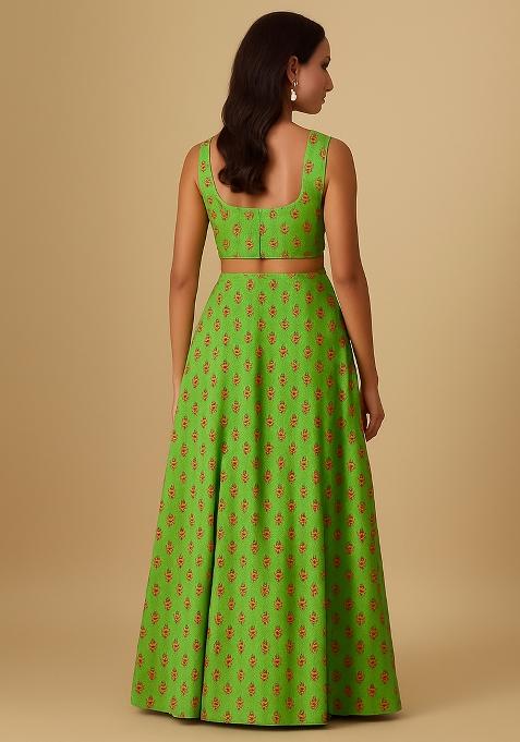 Green Printed Chanderi Lehenga Set