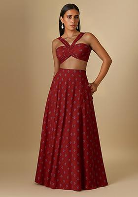 Maroon Printed Chanderi Lehenga Set