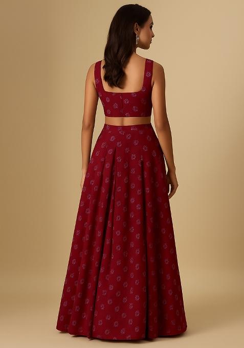 Maroon Printed Chanderi Lehenga Set