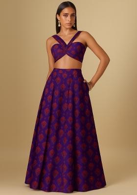 Purple Printed Chanderi Lehenga Set