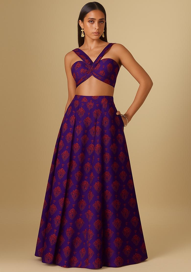 Purple Printed Chanderi Lehenga Set