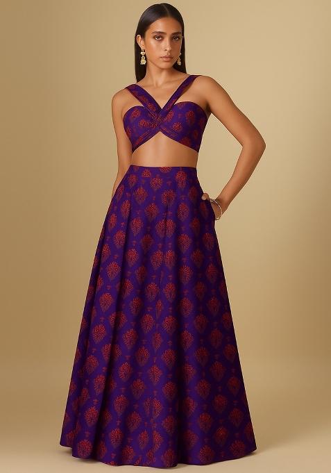 Purple Printed Chanderi Lehenga Set
