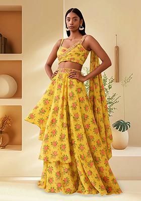 Yellow Printed Satin Lehenga Set