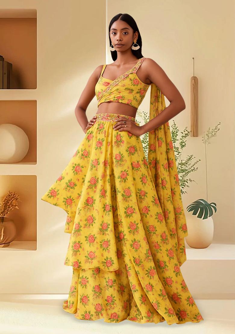 Yellow Printed Satin Lehenga Set