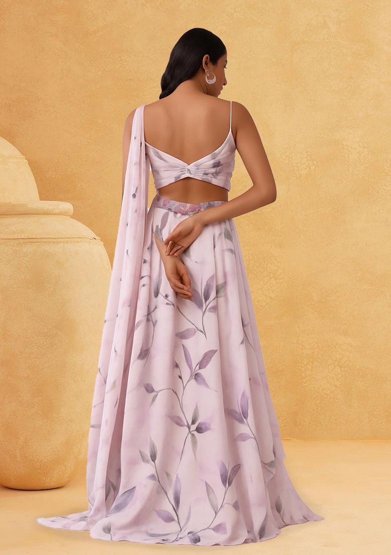 Pink Printed Satin Lehenga Set - Indya