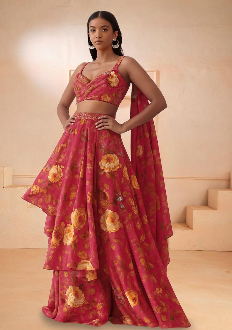 Brown Printed Satin Lehenga Set