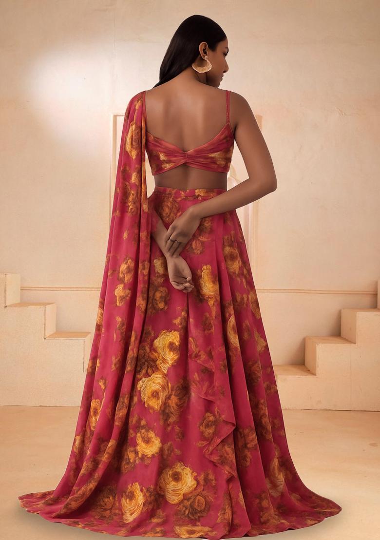 Brown Printed Satin Lehenga Set - Indya