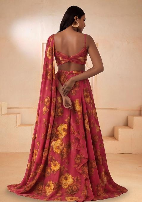 Brown Printed Satin Lehenga Set