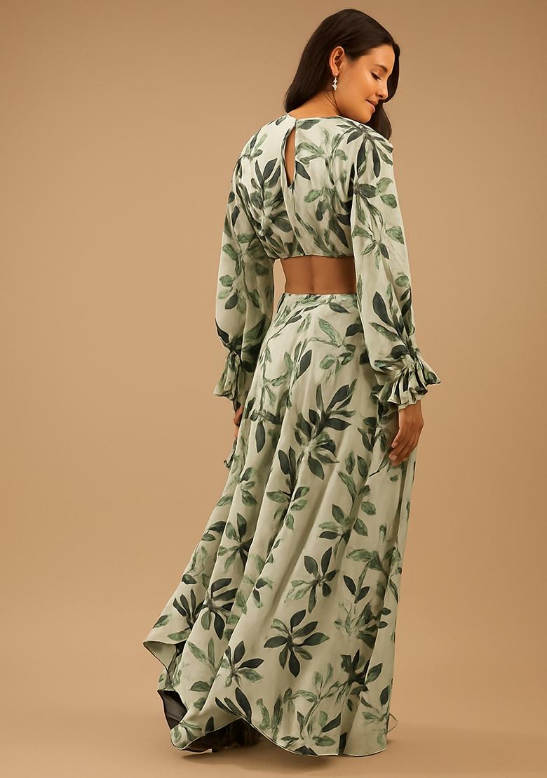 Beige Printed Satin Lehenga Set - Indya