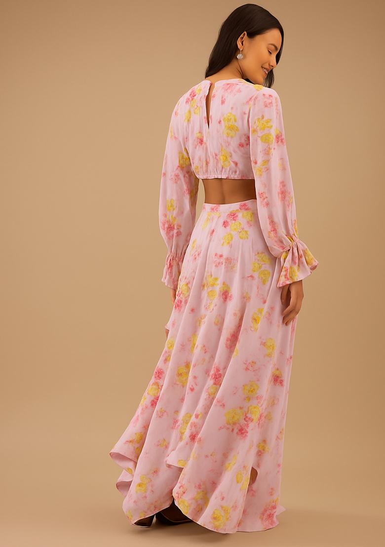 Pink Printed Satin Lehenga Set - Indya