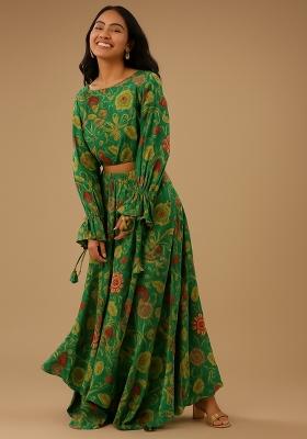 Green Printed Satin Lehenga Set