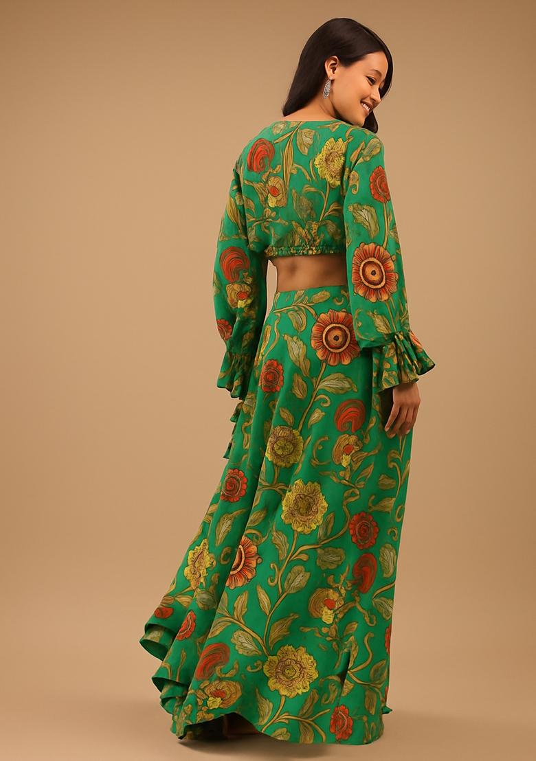 Green Printed Satin Lehenga Set - Indya