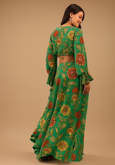 Green Printed Satin Lehenga Set