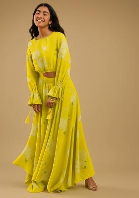 Yellow Printed Satin Lehenga Set