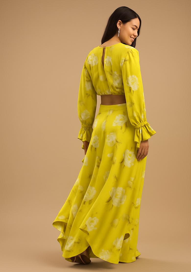 Yellow Printed Satin Lehenga Set - Indya