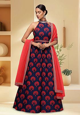 Blue Printed Satin Lehenga Set