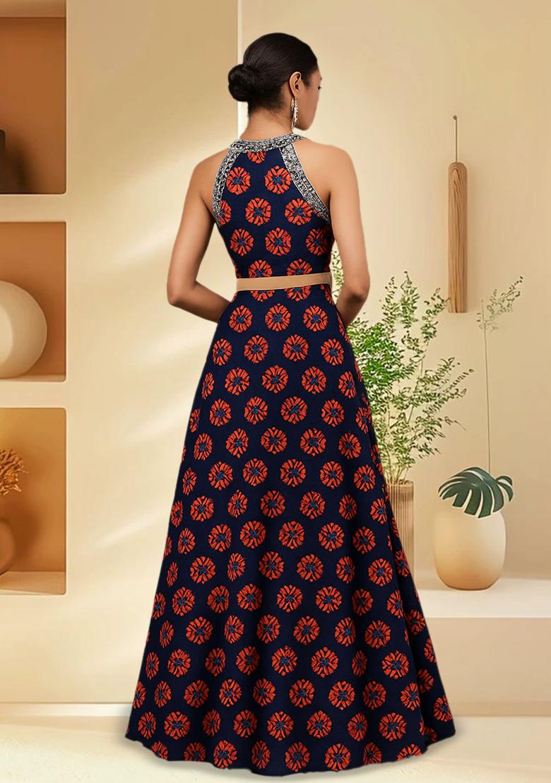 Blue Printed Satin Lehenga Set - Indya