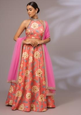 Peach Printed Satin Lehenga Set