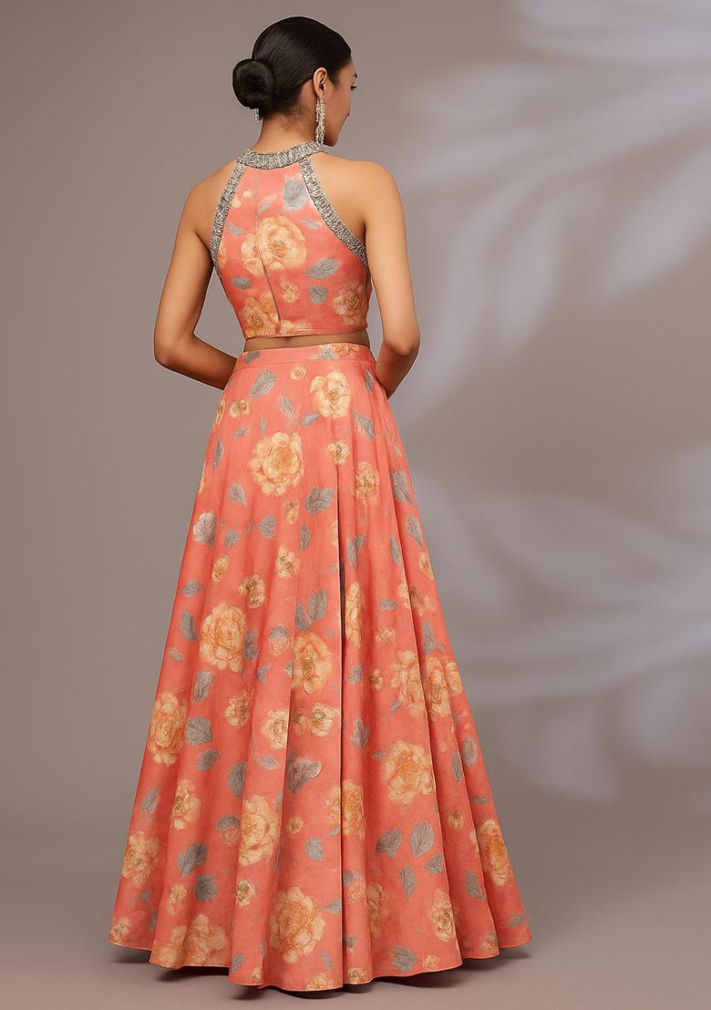 Peach Printed Satin Lehenga Set - Indya