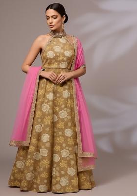 Brown Printed Satin Lehenga Set
