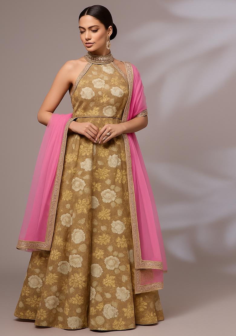 Brown Printed Satin Lehenga Set