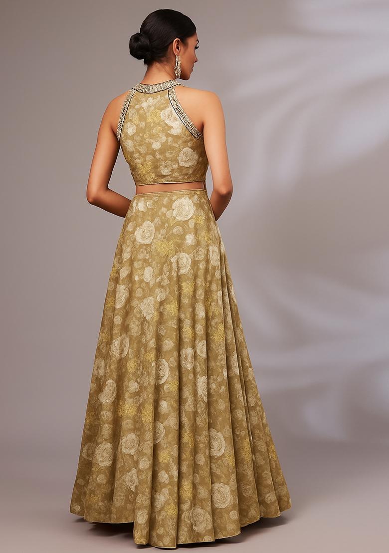 Brown Printed Satin Lehenga Set - Indya