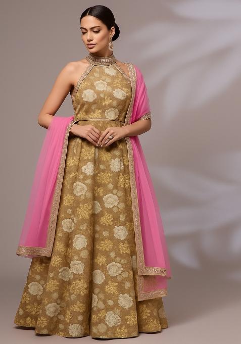 Brown Printed Satin Lehenga Set
