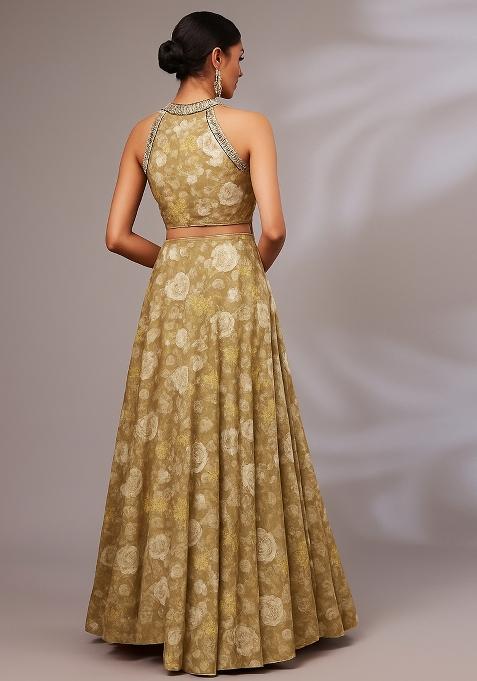 Brown Printed Satin Lehenga Set