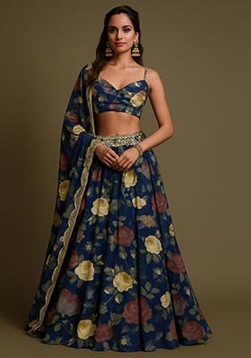 Blue Printed Polyester Lehenga Set