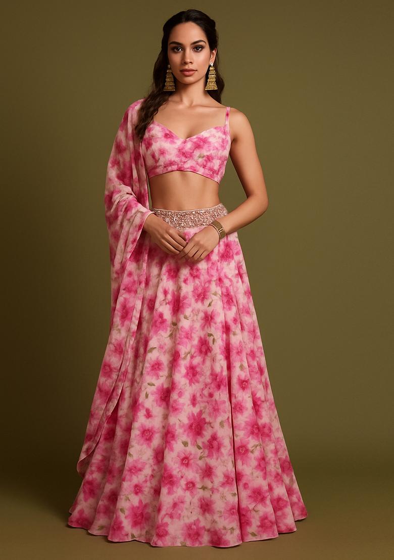 Pink Printed Chiffon Lehenga Set